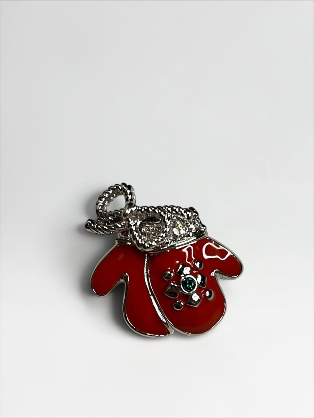 Vintage Swarovski Silver Tone Red Enamel Christmas Mitten Pin